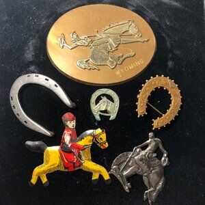 Vintage Horse Lucky Horseshoe Rodeo Bronco Pressed Tin Pin Brooch Lot